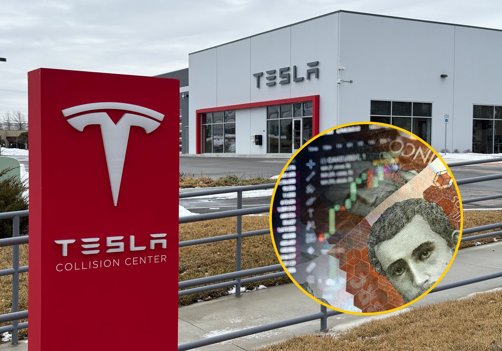 Tesla y dinero colombiano. Fotos: Getty Images