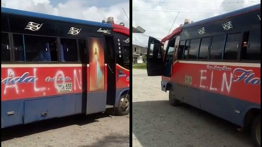 En medio del anunciado paro armado del Eln, un bus de servicio público de pasajeros fue interceptado y pintado con grafitis alusivos a ese grupo ilegal. Foto: Policía