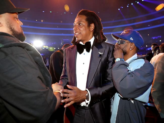 LOS ANGELES, CALIFORNIA - FEBRUARY 05: Jay-Z and Kendrick Lamar attend the 65th GRAMMY Awards at Crypto.com Arena on February 05, 2023 in Los Angeles, California. (Photo by Johnny Nunez/Getty Images for The Recording Academy)