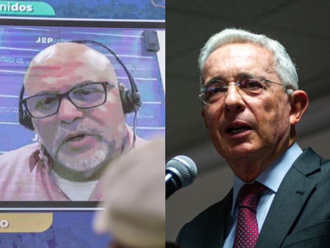Salvatore Mancuso (cortesía JEP) y Álvaro Uribe (Sebastián Barros / Getty Images)