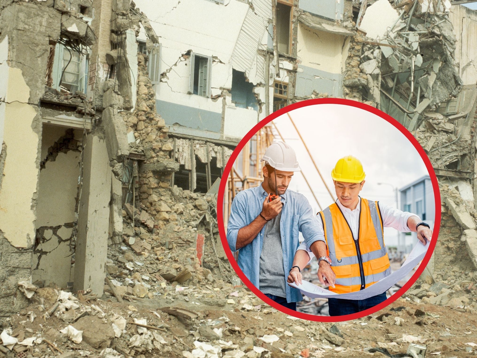 Imágenes ilustrativas de un terremoto e ingenieros civiles analizando la estructura (Crédito: Getty Images)