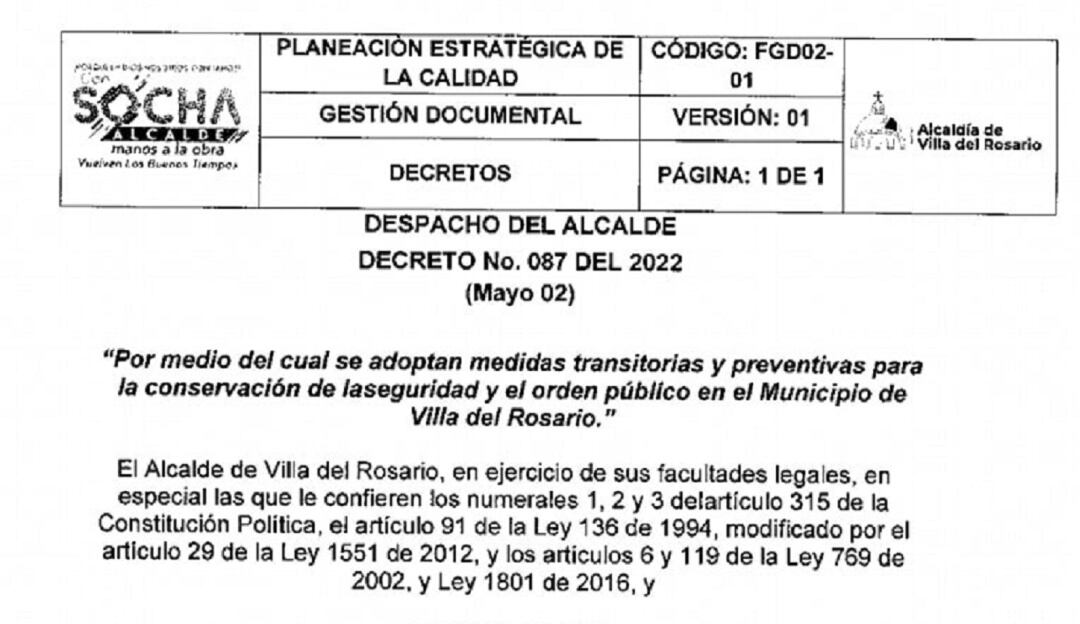 Nuevas medidas para movilidad y establecimientos en Villa del Rosario
