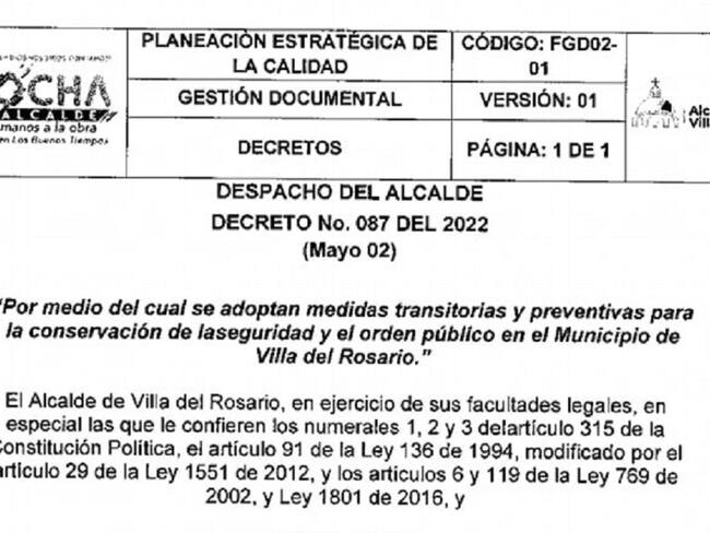 Nuevas medidas para movilidad y establecimientos en Villa del Rosario