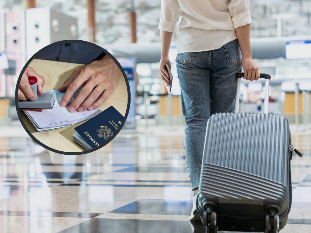 Persona transitando por un aeropuerto y de fondo un sellado de pasaporte en Migración (Fotos vía Getty Images)