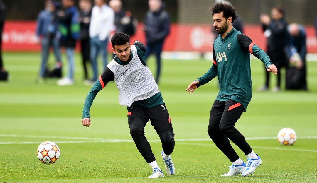 Luis Díaz y Mohamed Salah en los entrenamientos previos a la final de la Liga de Campeones.