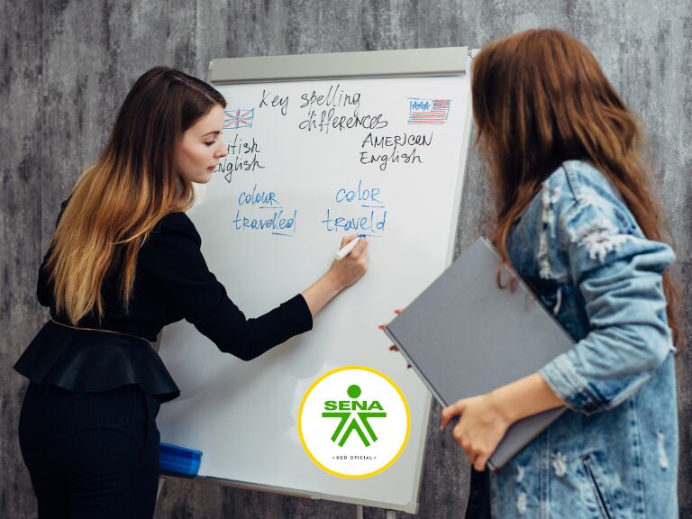 Clase de inglés, imagen de referencia // Getty Images, logo SENA