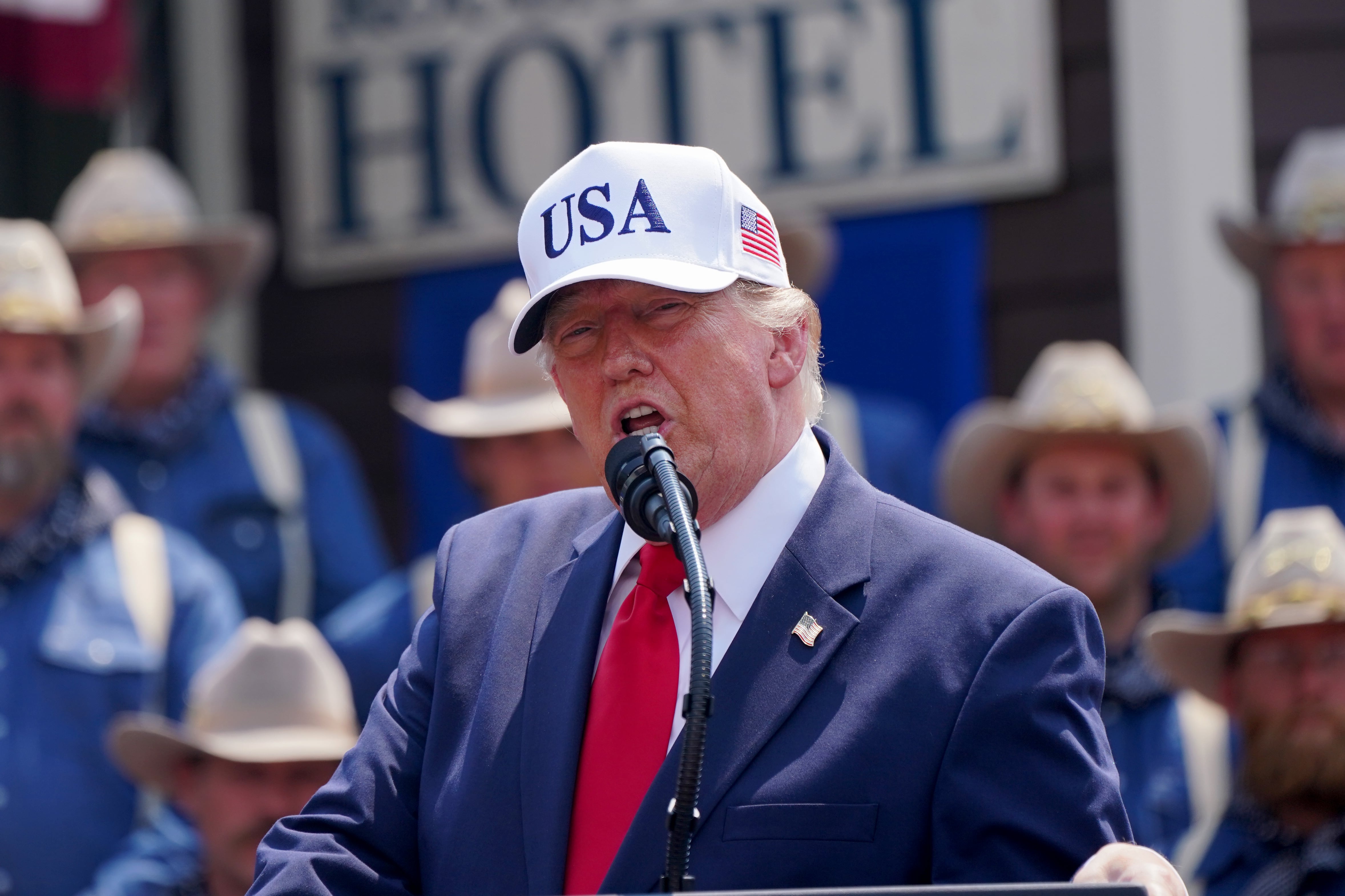El presidente de Estados Unidos, Donald Trump, entregando un discurso en Dakota del Norte. 
(Foto:   Leigh Vogel/Getty Images for Theodore Roosevelt Presidential Library)