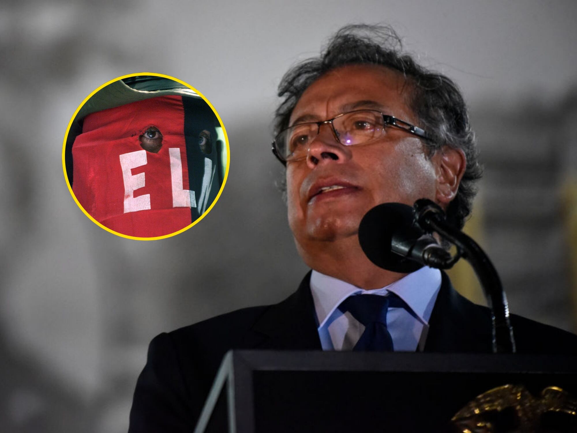 Presidente Gustavo Petro y bandera del ELN. Fotos: Getty Images.
