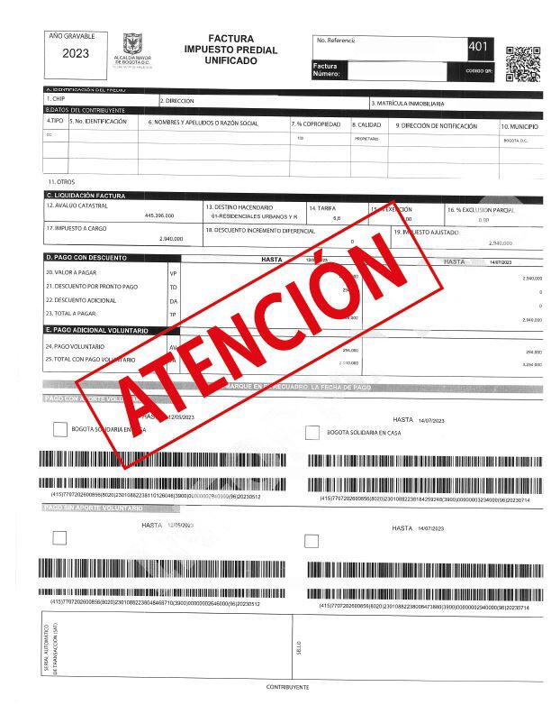 Documento fraudulento sobre los pagos de impuestos y pagos tributarios en Bogotá.