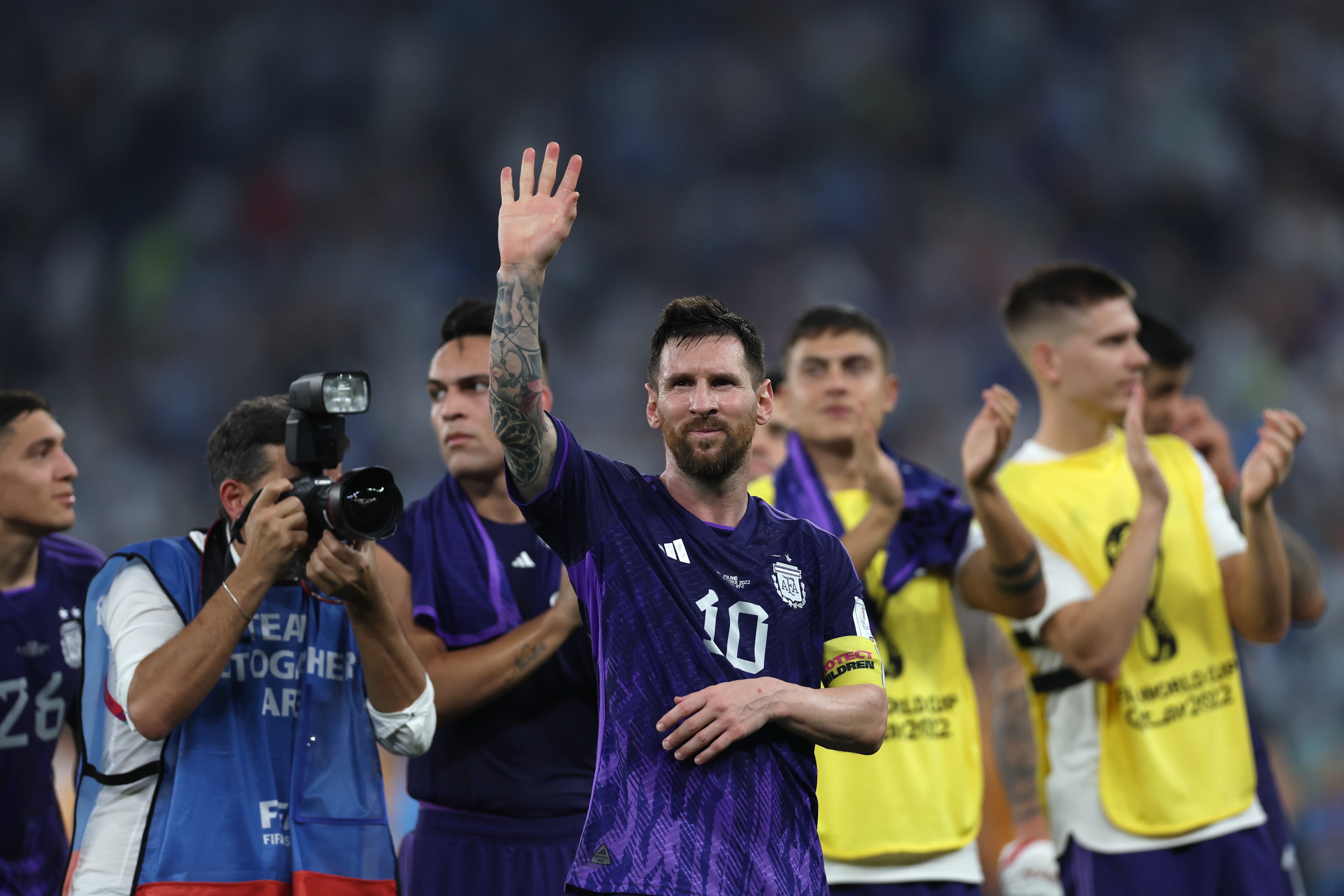 DOHA, QATAR - NOVEMBER 30: Lionel Messi of Argentina celebrates during the FIFA World Cup Qatar 2022 Group C match between Poland and Argentina at Stadium 974 on November 30, 2022 in Doha, Qatar. (Photo by Amin Mohammad Jamali/Getty Images)