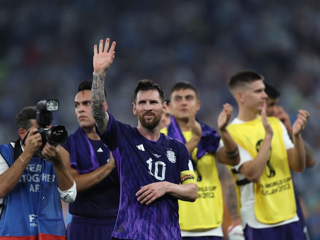 DOHA, QATAR - NOVEMBER 30: Lionel Messi of Argentina celebrates during the FIFA World Cup Qatar 2022 Group C match between Poland and Argentina at Stadium 974 on November 30, 2022 in Doha, Qatar. (Photo by Amin Mohammad Jamali/Getty Images)