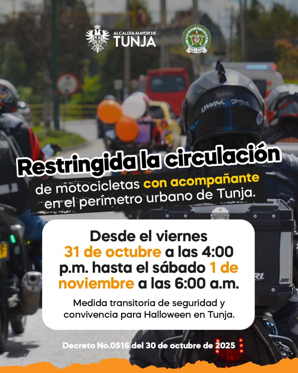 Tunja adopta medidas de seguridad para Halloween: restricción de parrilleros en motocicleta y controles especiales