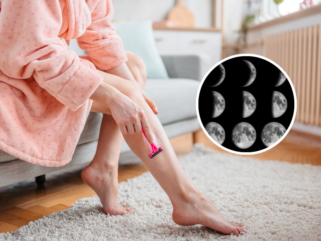 Mujer rasurando sus piernas y de fondo la ilustración de algunas fases lunares (Fotos vía Getty Images)
