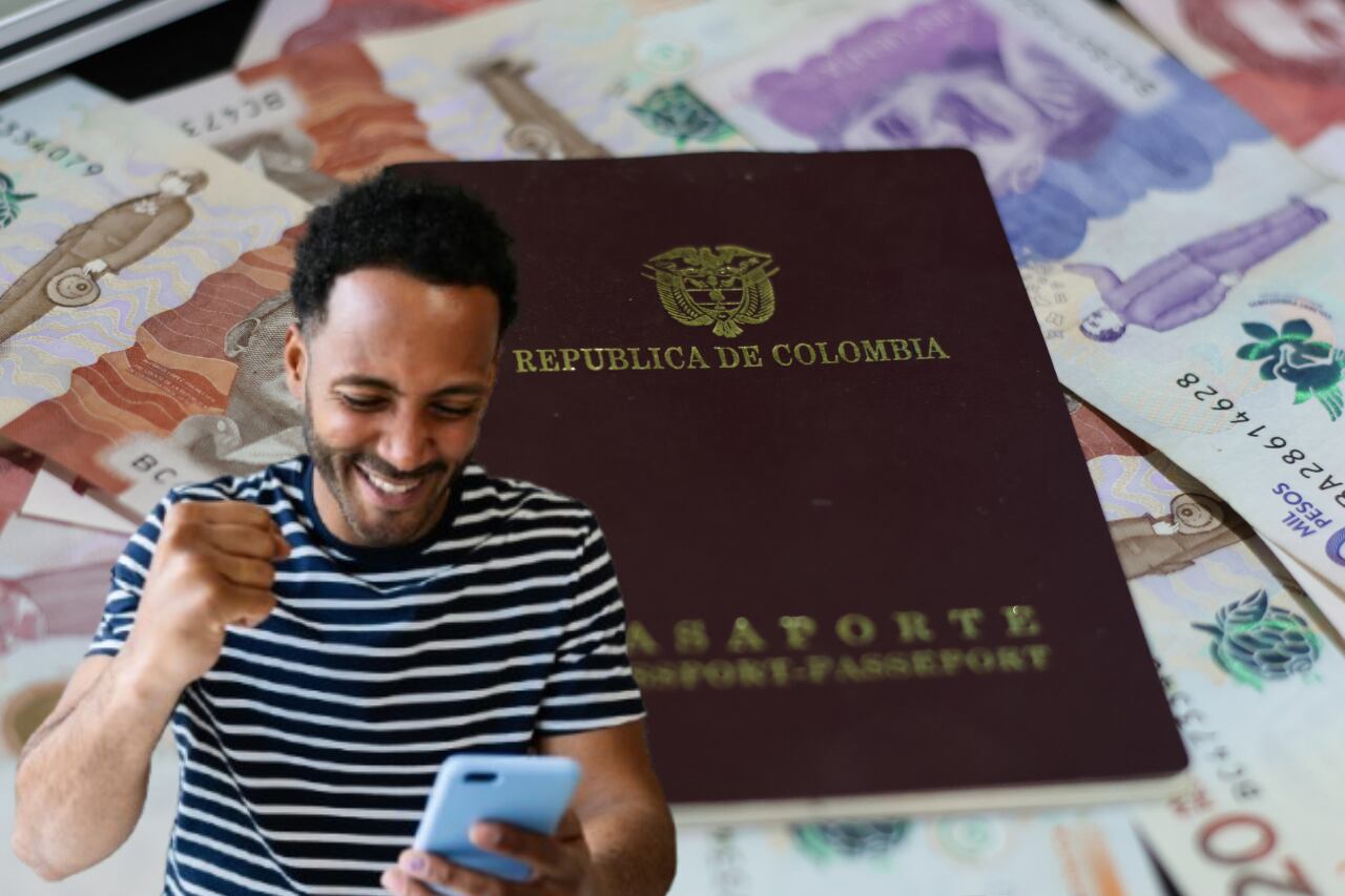 Imagen de referencia. Pasaporte colombiano y persona celebrando: Getty Images.