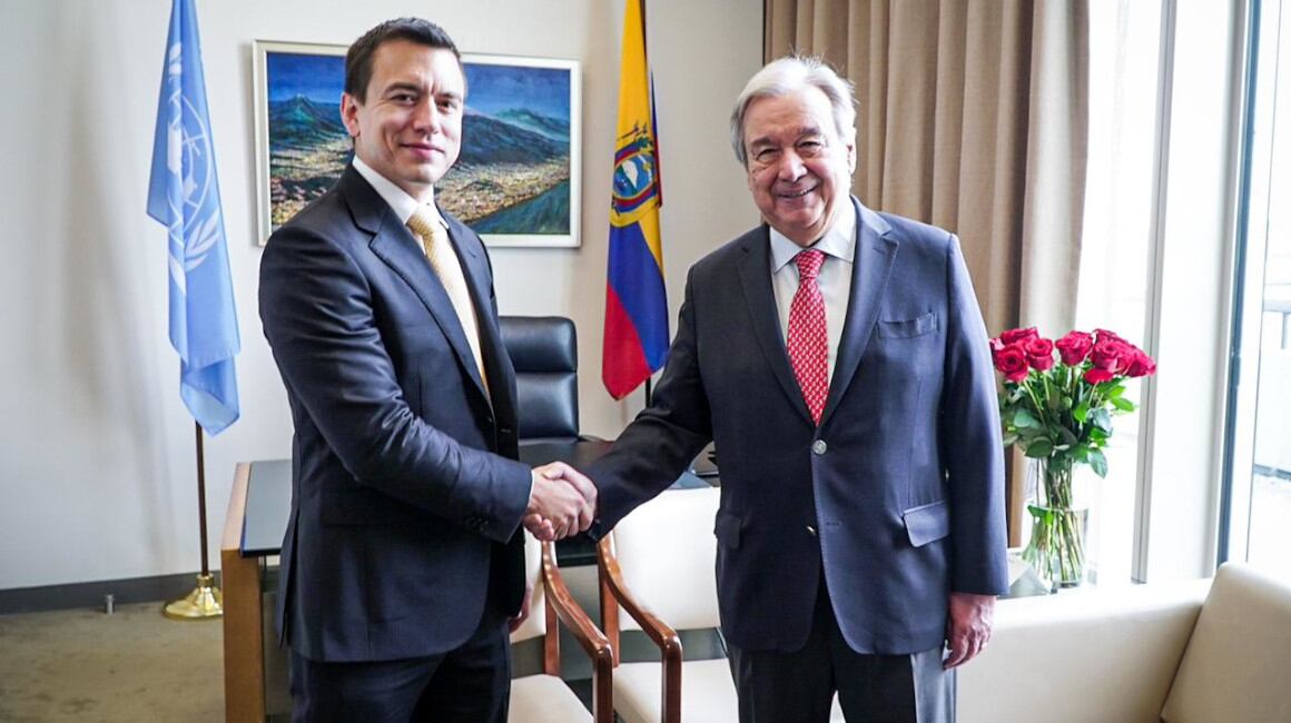 El presidente del Ecuador, Daniel Noboa, junto con el secretario general de las Naciones Unidas, António Guterres.