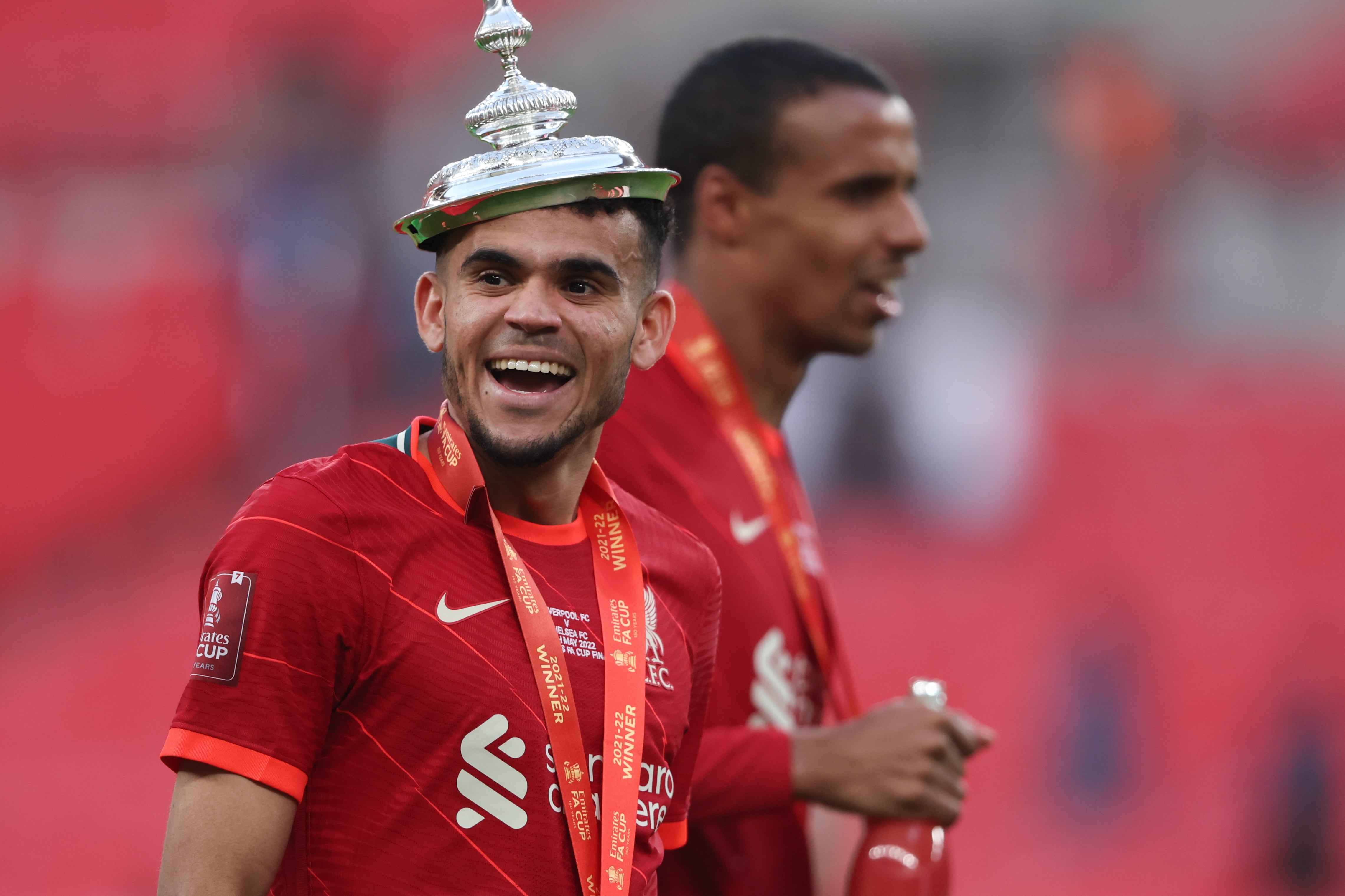 LONDON, ENGLAND - MAY 14: Luis Diaz of Liverpool celebrates during The FA Cup Final match between Chelsea and Liverpool at Wembley Stadium on May 14, 2022 in London, England. (Photo by Matthew Ashton - AMA/Getty Images)