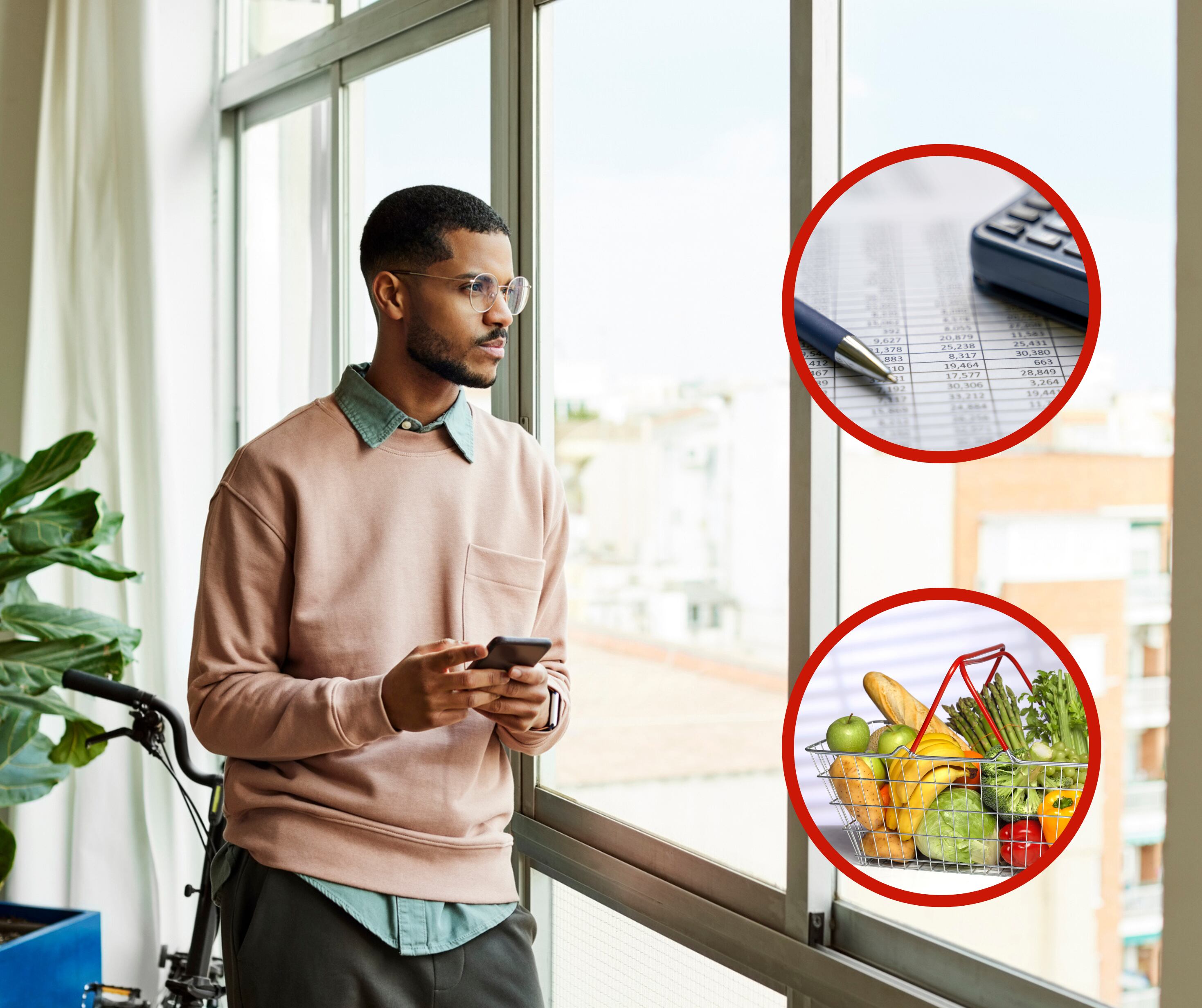 Hombre pensativo junto a una canasta de alimentos y una hoja con números (Fotos vía Getty Images)
