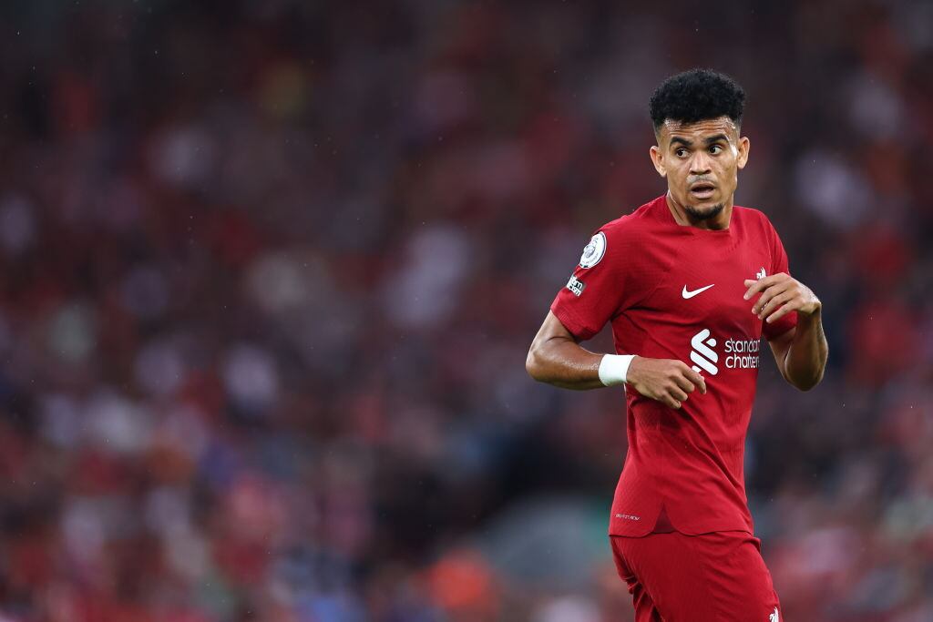 LIVERPOOL, ENGLAND - AUGUST 15: Luis Diaz of Liverpool during the Premier League match between Liverpool FC and Crystal Palace at Anfield on August 15, 2022 in Liverpool, United Kingdom. (Photo by Robbie Jay Barratt - AMA/Getty Images)