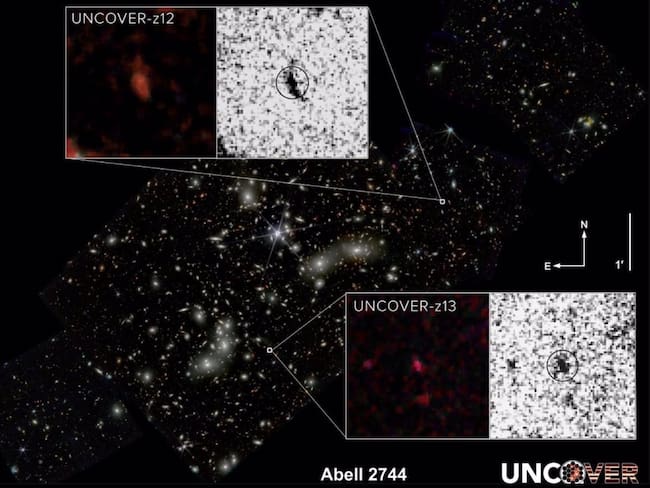 La segunda y cuarta galaxias más distantes jamás vistas (UNCOVER z-13 y UNCOVER z-12) han sido confirmadas utilizando la cámara de infrarrojo cercano (NIRCam) del Telescopio Espacial James Webb.
Foto: NASA/ DANI ZEMBA/PENN STATE/EUROPA PRESS