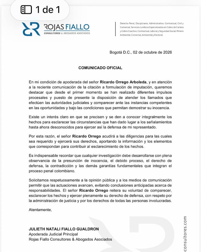 Comunicado de la defensa de Ricardo Orrego. Foto: Suministrada a Caracol Radio.