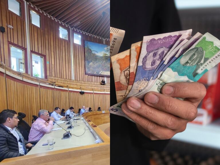 Asamblea de Antioquia y una persona con billetes colombianos - foto archivo @asambleadeant y Getty Images