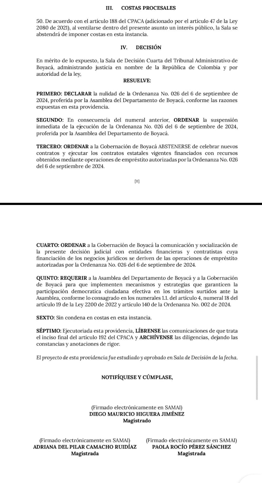 El Tribunal Administrativo de Boyacá declaró la nulidad de la Ordenanza 026 del 6 de septiembre de 2024.