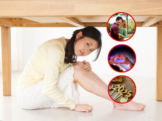 Mujer debajo de la mesa, 2025, Enamorados, corazón. Imágenes de referencia (Getty Images).