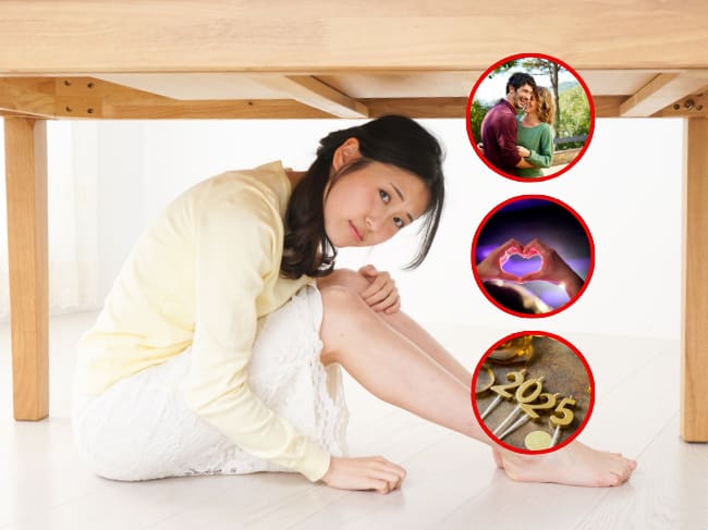 Mujer debajo de la mesa, 2025, Enamorados, corazón. Imágenes de referencia (Getty Images).