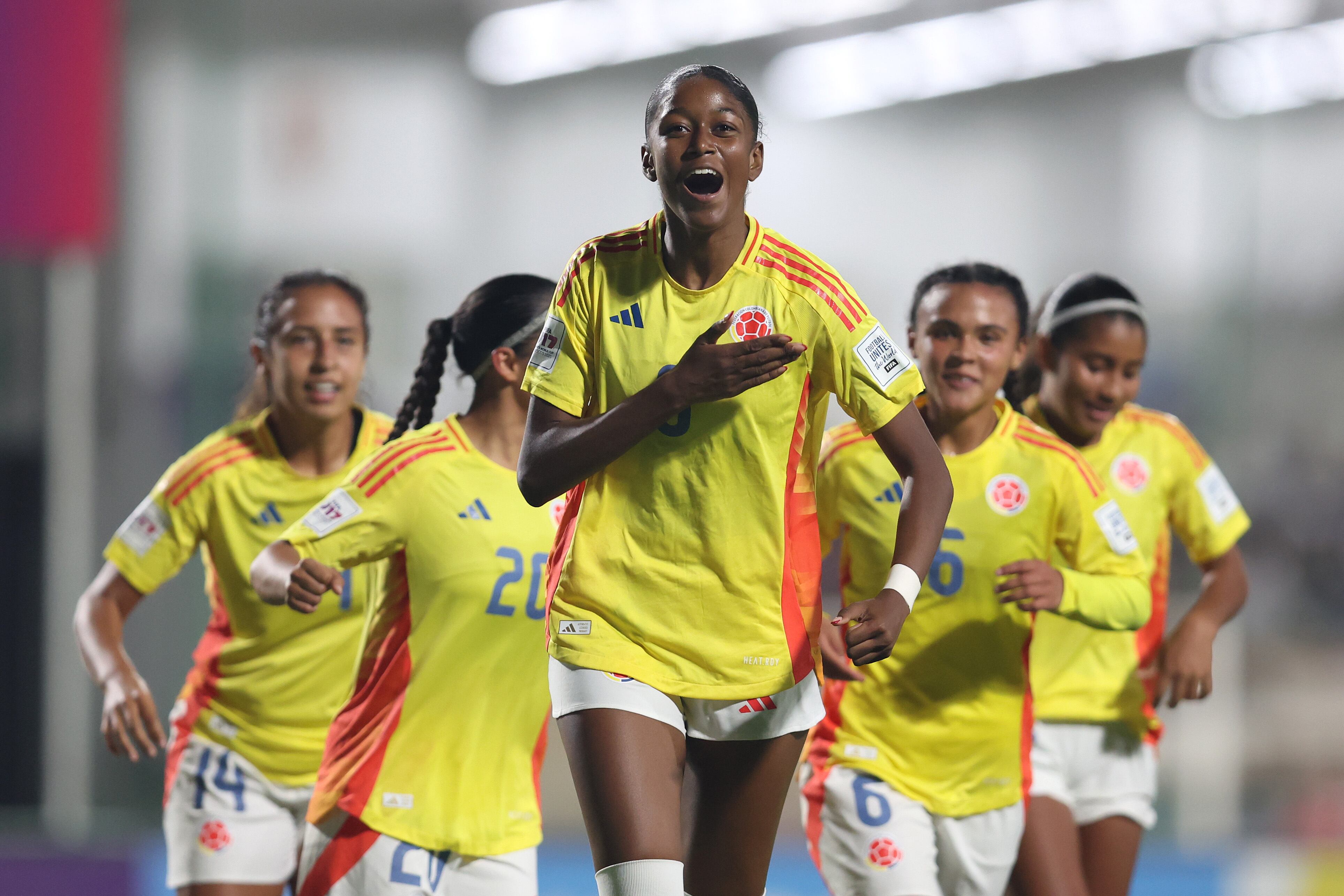 London Crawford jugadora de la Selección Colombia Sub-17 celebrando su gol ante Costa de Marfil en el Mundial de la categoría en Marruecos / Getty Images