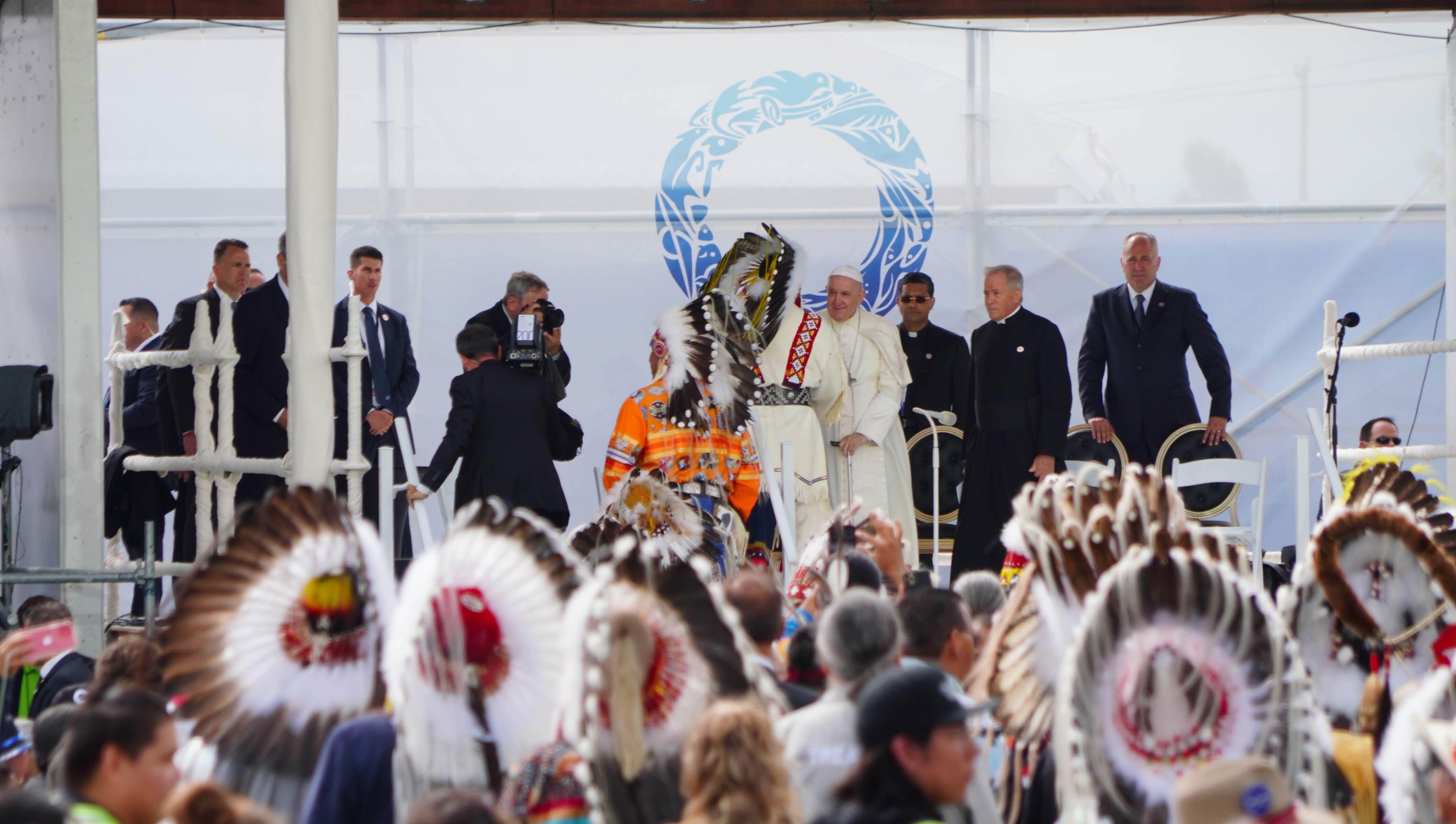 El papa Francisco en el acto de perdón ante el Muskwa Park, en Maskwacis, Canada. 25 de julio de 2022. (Photo by Lincoln Ho/Anadolu Agency via Getty Images)