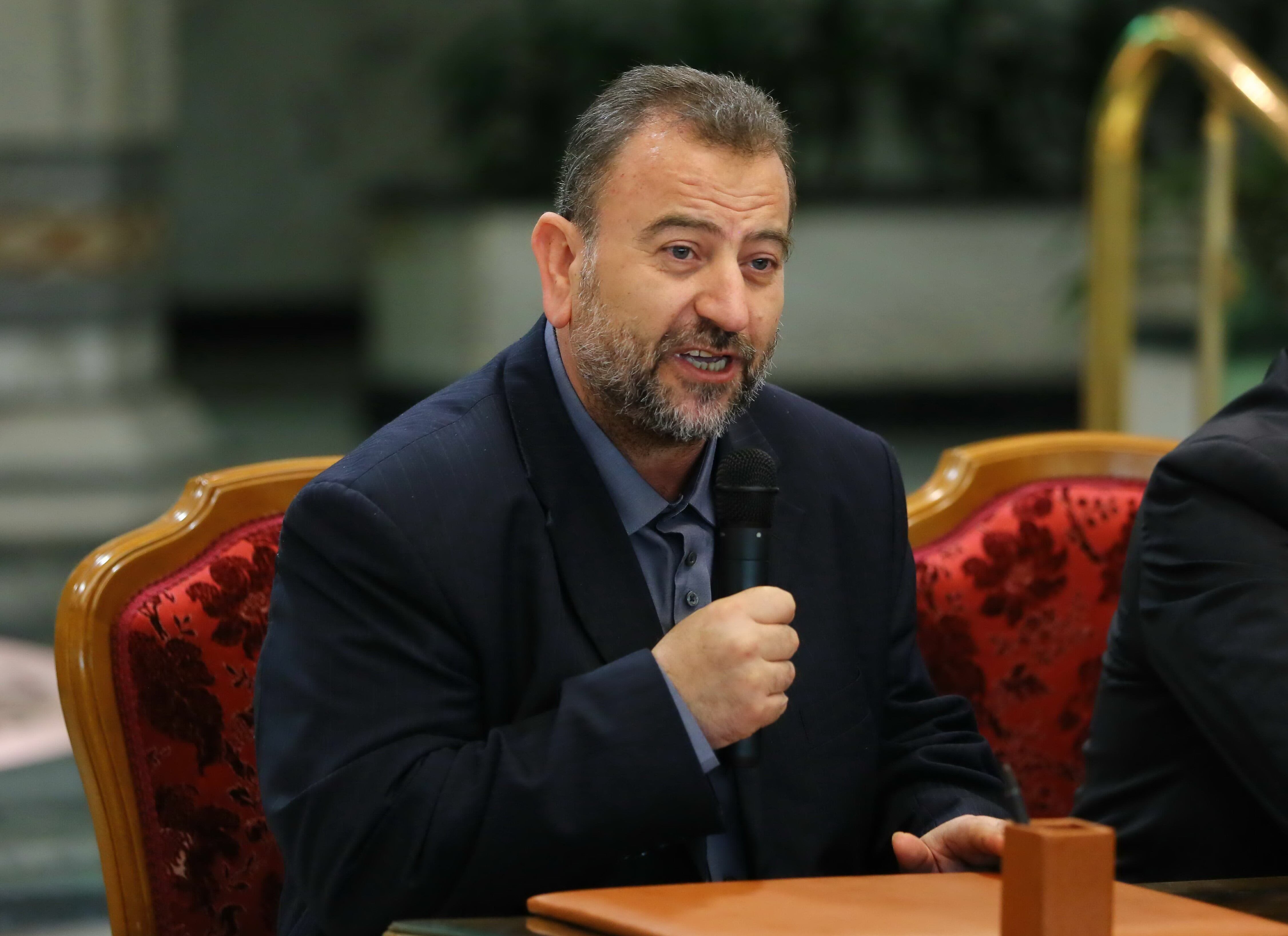 CAIRO, EGYPT - OCTOBER 12 : Deputy Chairman of the Movement's Political Bureau Saleh Al-Arouri makes a speech after signing the reconciliation agreement to build a consensus with Palestinian Fatah movement leader Azzam Al-Ahmad (not seen) in Cairo, Egypt on October 12, 2017. (Photo by Ahmed Gamil/Anadolu Agency/Getty Images)