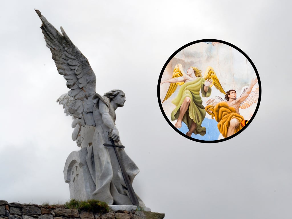 Estatua de un arcángel y de fondo una ilustración de otros ángeles (Fotos vía Getty Images)