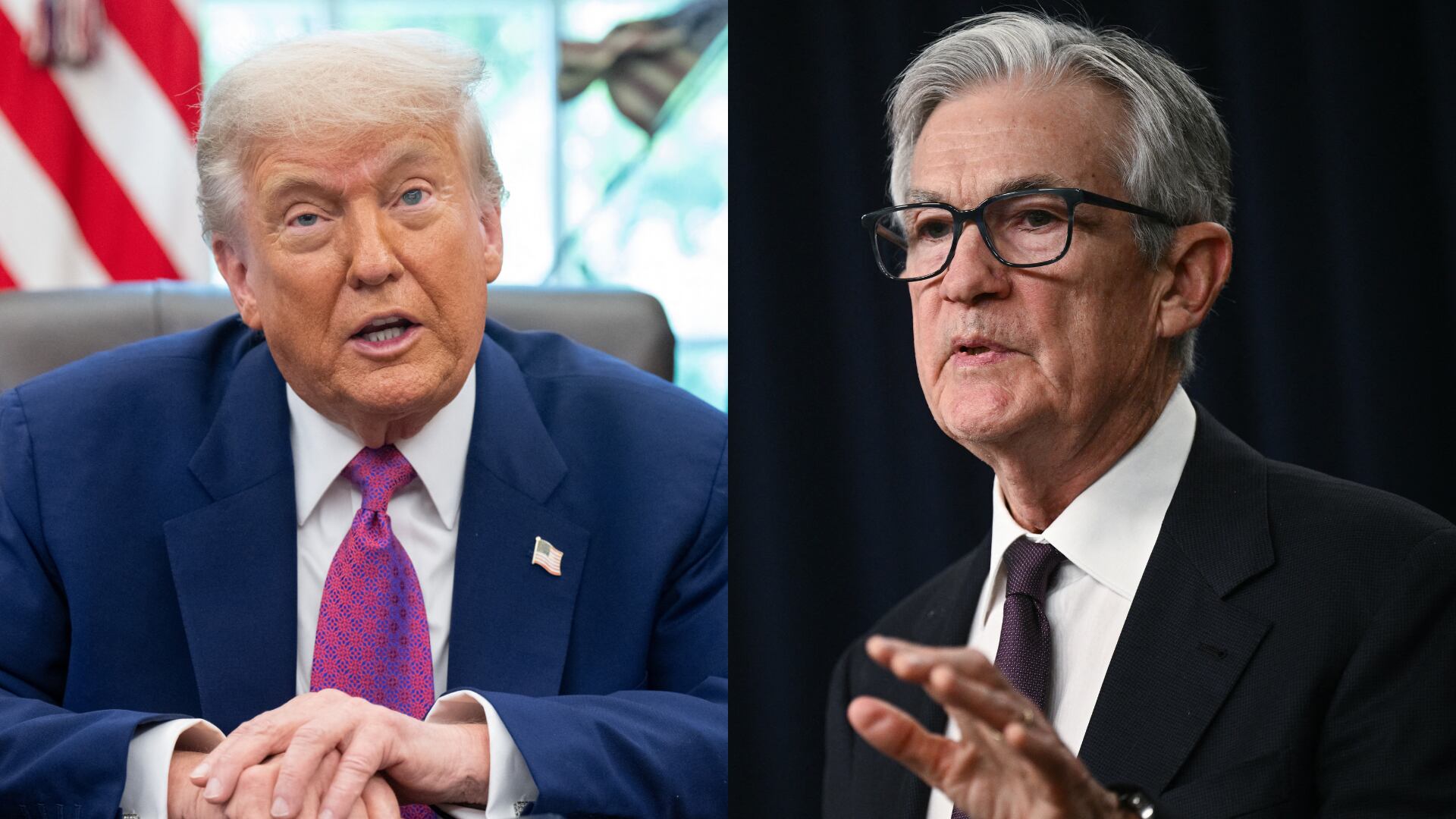 Donald Trump. Foto: SAUL LOEB/AFP via Getty Images - Jerome Powell. Foto:  BRENDAN SMIALOWSKI/AFP via Getty Images.