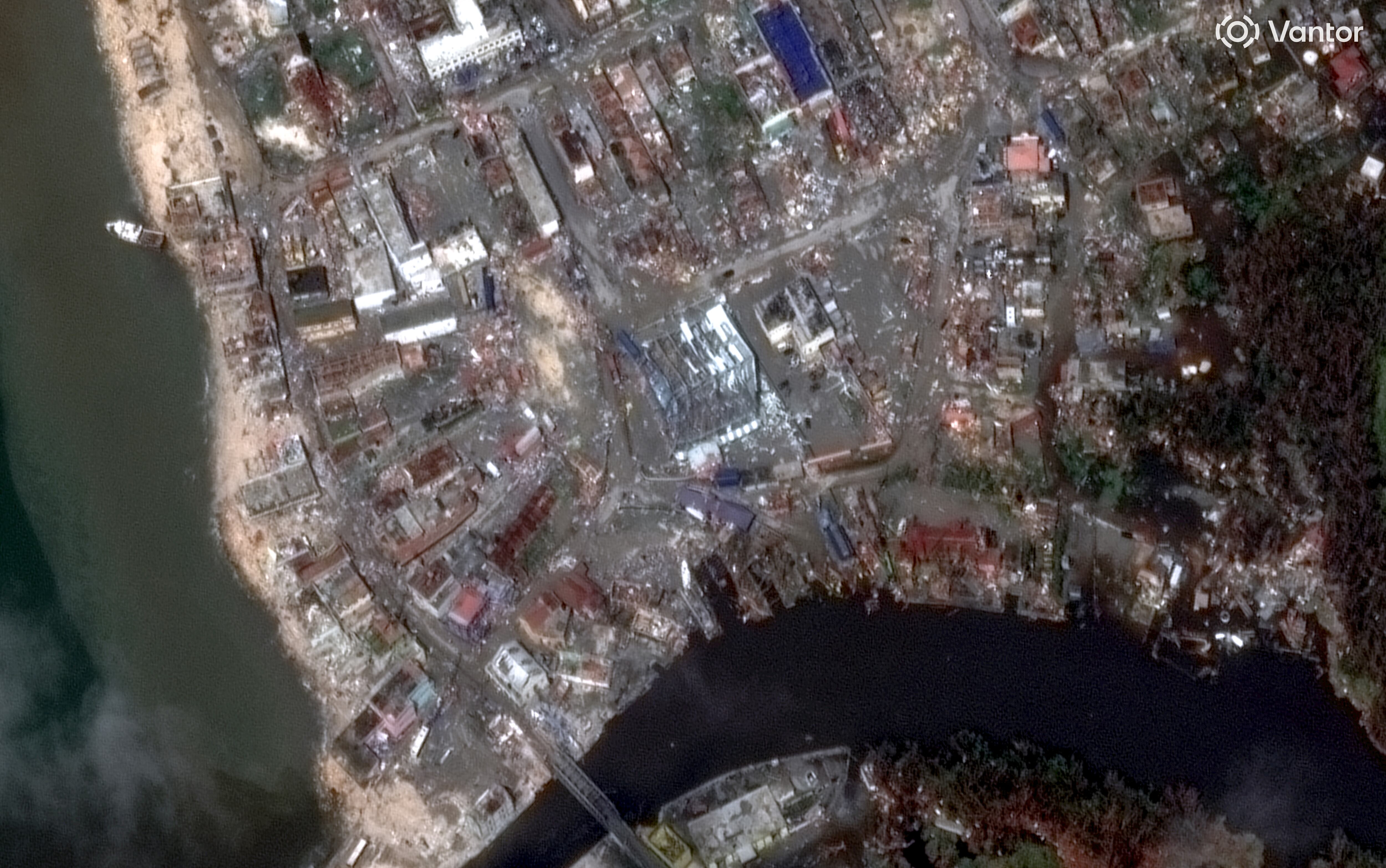 This handout satellite image by Vantor taken on October 29, 2025 shows an overview of Black River, Jamaica, after Hurricane Melissa. Hurricane Melissa has brought never-before seen levels of devastation to Jamaica, the UN's resident coordinator in the country said October 29, 2025. Cubans waded through flooded, debris-strewn streets as Hurricane Melissa blasted across the Caribbean, leaving 30 dead or missing in Haiti and devastating swaths of Jamaica. (Photo by Satellite image �2025 Vantor / AFP) / RESTRICTED TO EDITORIAL USE - MANDATORY CREDIT "AFP PHOTO / SATELLITE IMAGE �2025 VANTOR" - HANDOUT - NO MARKETING NO ADVERTISING CAMPAIGNS - DISTRIBUTED AS A SERVICE TO CLIENTS