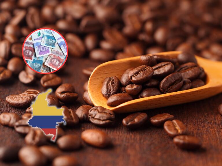 Granos de café y al lado un mapa de Colombia y varios billetes colombianos (Fotos vía Getty Images)