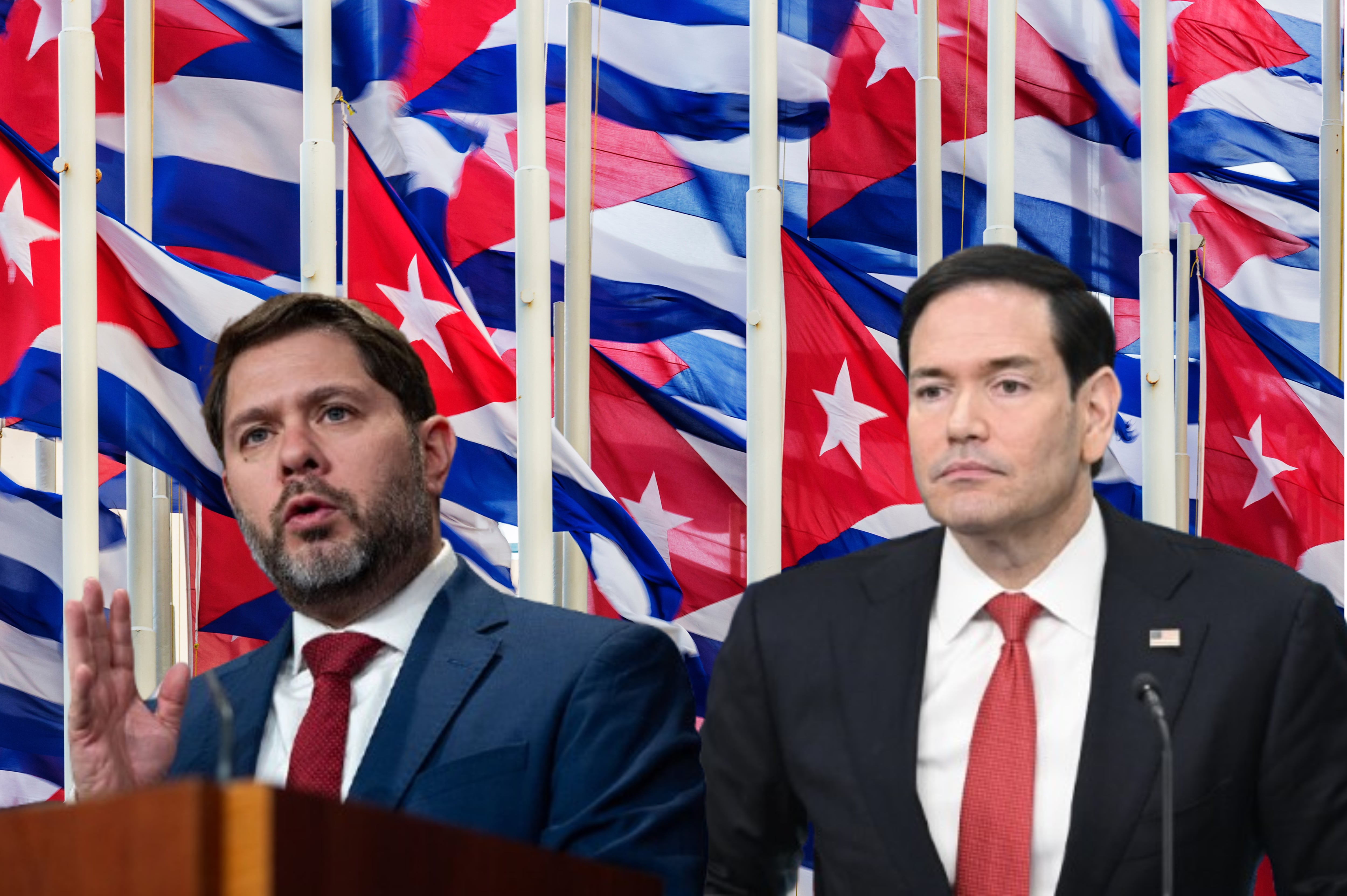 Imagen de referencia. Ruben Gallego (izquierda) - Marco Rubio (derecha) - Banderas de Cuba (fondo): Getty images.