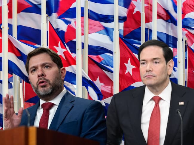 Imagen de referencia. Ruben Gallego (izquierda) - Marco Rubio (derecha) - Banderas de Cuba (fondo): Getty images.