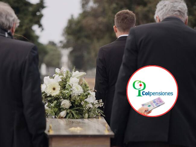 Personas durante un funeral y de fondo el logo de Colpensiones (Fotos vía Getty Images y COLPRENSA)