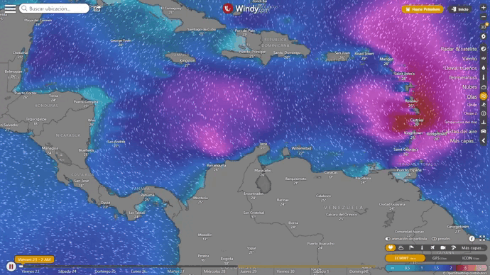 Proyección del oleaje en la costa del sur del Caribe entre el 23 y el 26 de junio del 2023.
(Cortesía: Windy)