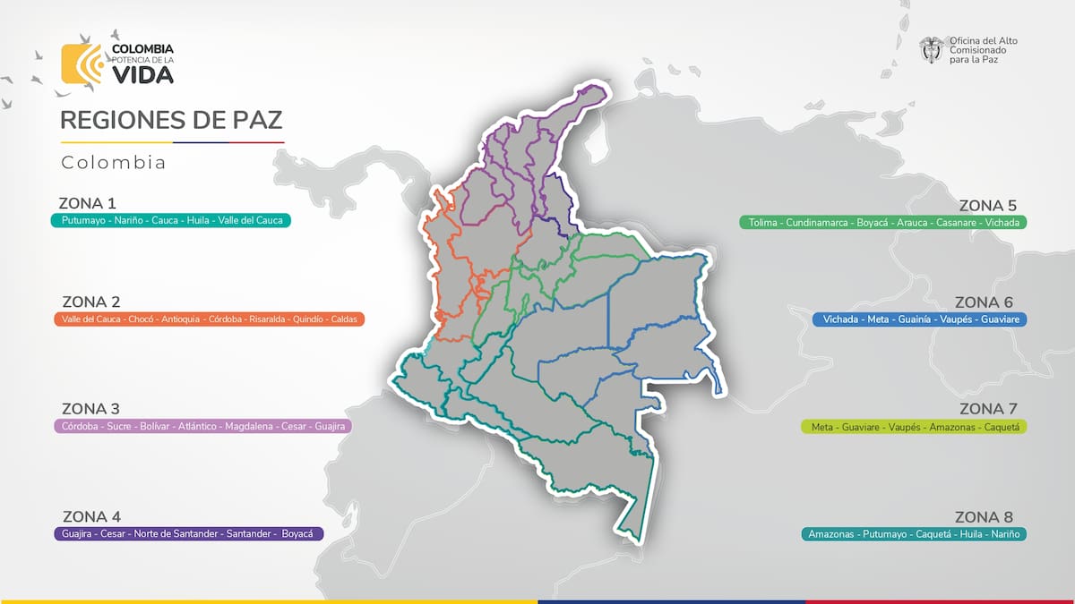 Las ocho zonas que conforman el mapa de la paz de Colombia