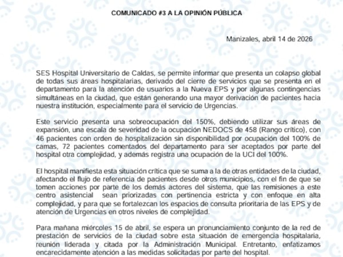 El Hospital de Caldas reporta ocupación de un 150 % y un colapso global en sus áreas de atención