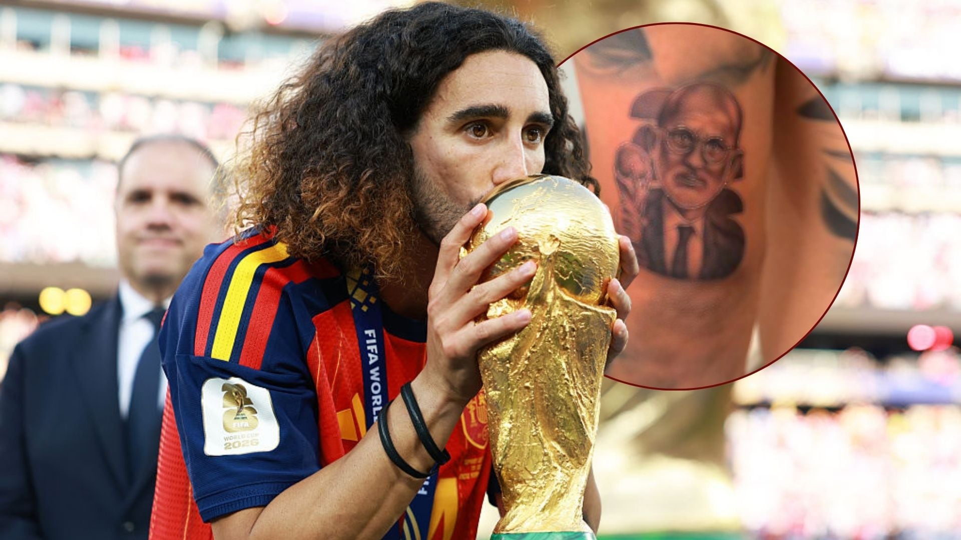 Marc Cucurella cumplió su promesa y se tatuó la cara de Luis de la Fuente. Foto: Getty/@cucurella3 (X)/Canva