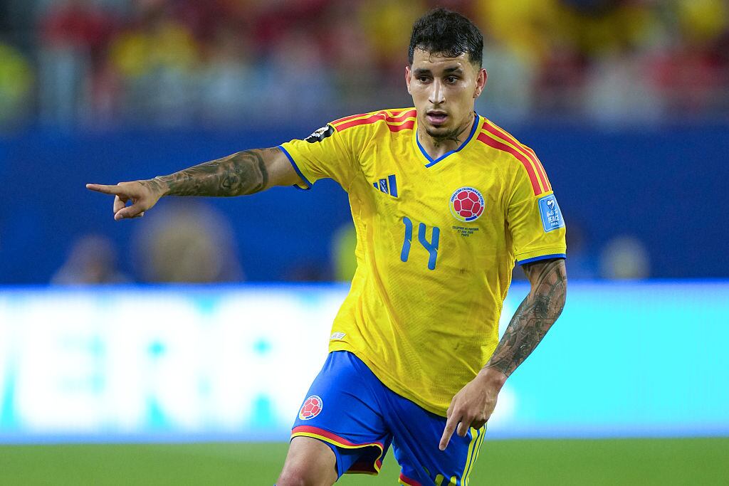 MIAMI GARDENS, FLORIDA - JUNE 27:  Gustavo Puerta of Colombia gestures during the FIFA World Cup 2026 Group K match between Colombia and Portugal at Miami Stadium on June 27, 2026 in Miami Gardens, Florida. (Photo by Image Photo Agency/Getty Images)