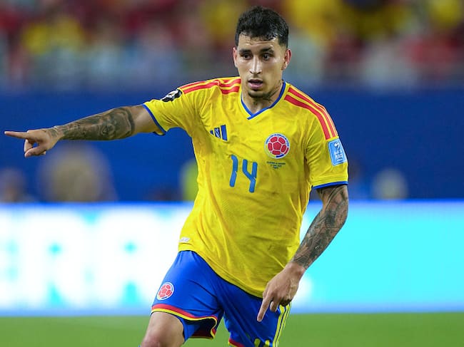 MIAMI GARDENS, FLORIDA - JUNE 27: Gustavo Puerta of Colombia gestures during the FIFA World Cup 2026 Group K match between Colombia and Portugal at Miami Stadium on June 27, 2026 in Miami Gardens, Florida. (Photo by Image Photo Agency/Getty Images)