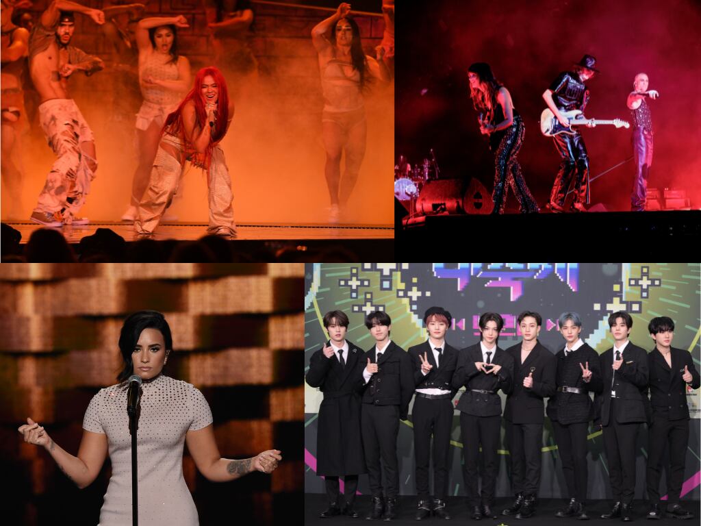 Los cuatro artistas confirmados en los VMS, KarolG, Måneskin, Demi Lovato y Stray Kids. Foto: Manuel Quintana