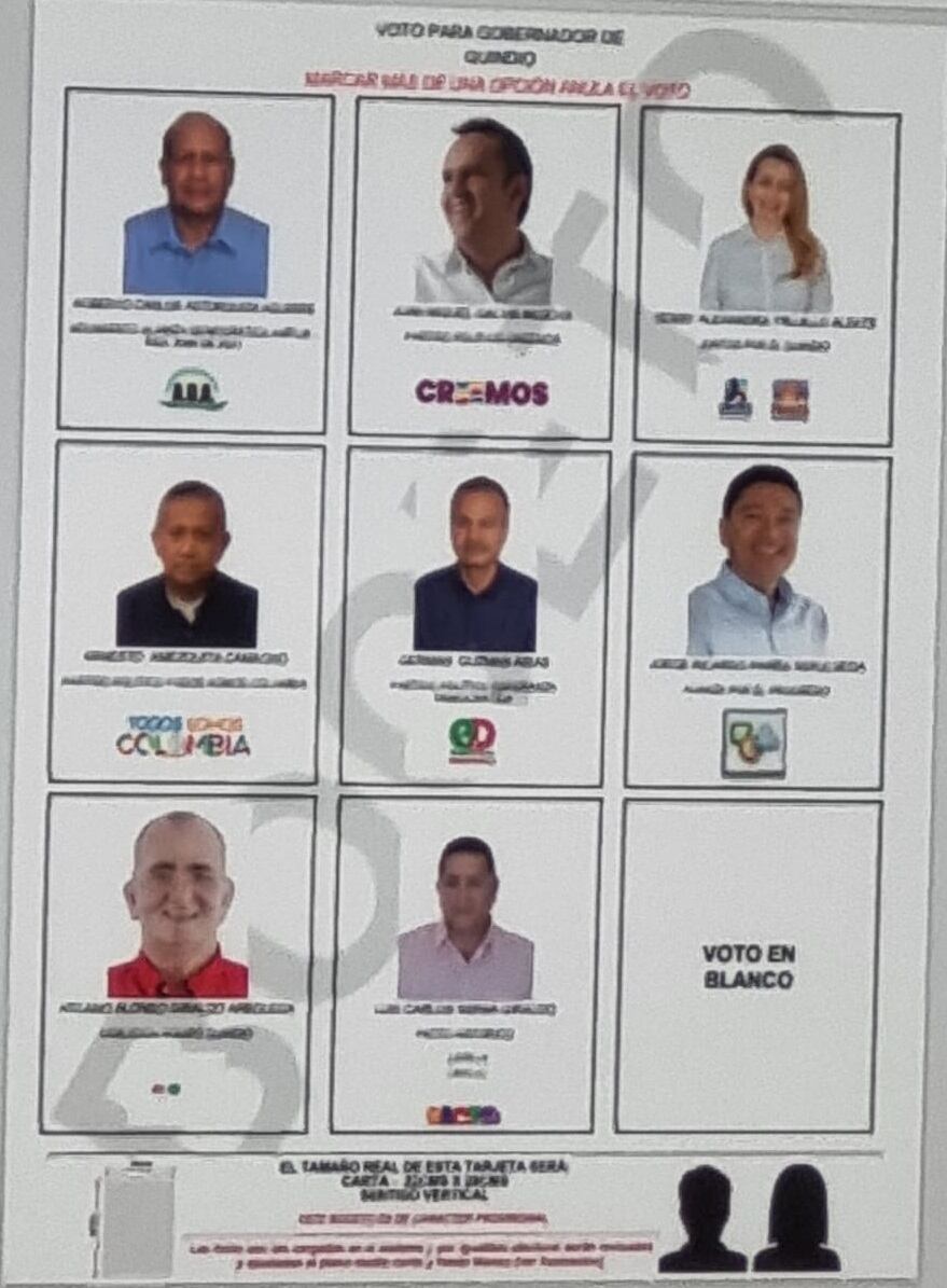 Tarjetón de prueba con los candidatos a la gobernación del Quindío. Foto: Cortesía Centro Mundial de Noticias.