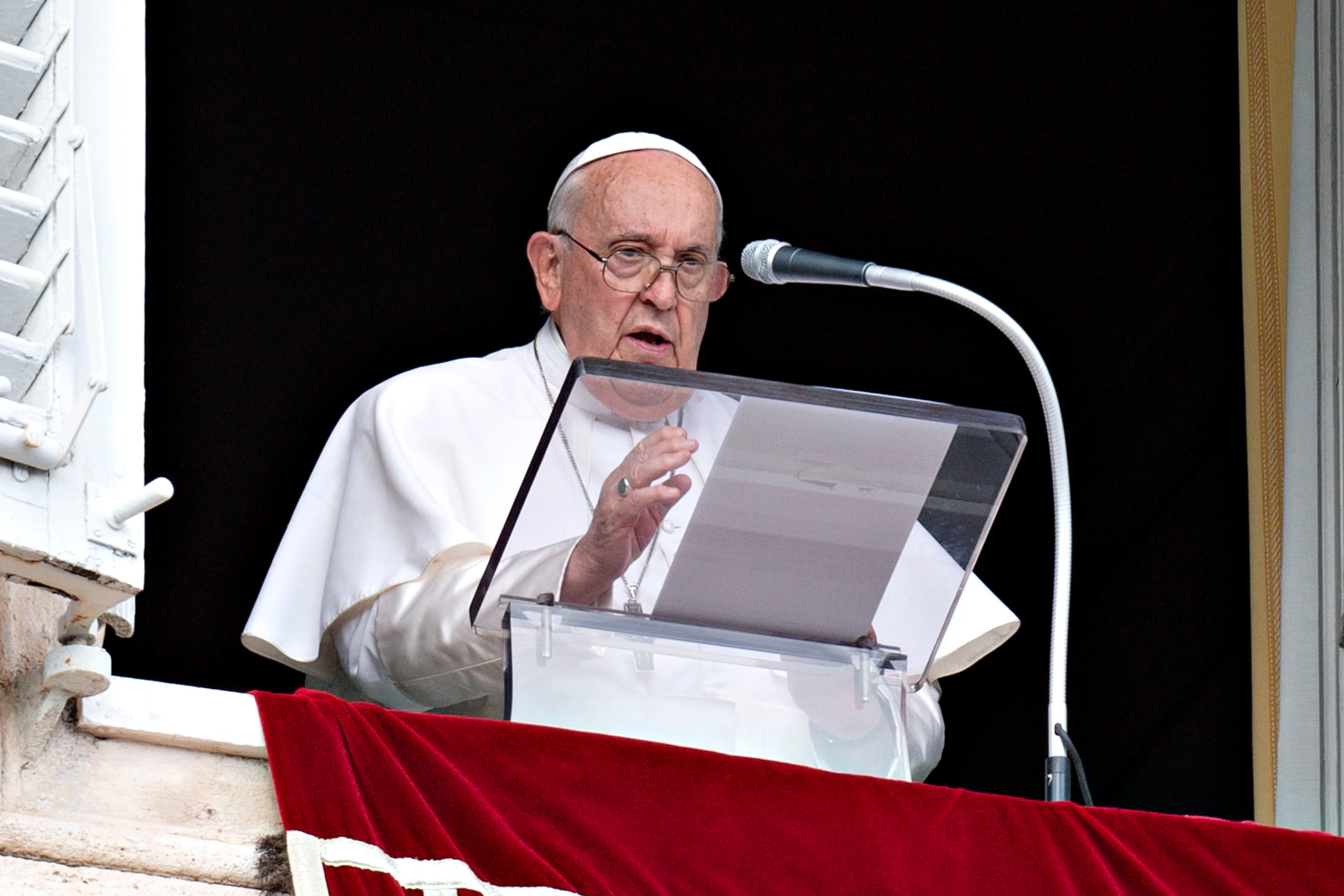 VATICAN CITY, VATICAN - OCTOBER 29: (EDITOR NOTE: STRICTLY EDITORIAL USE ONLY - NO MERCHANDISING). Pope Francis holds his speech during the Sunday Angelus blessing at St. Peter's Square on October 29, 2023 in Vatican City, Vatican. Pope Francis has called for a ceasefire in the Holy Land. Addressing the faithful gathered in St Peter's Square for his Sunday Angelus, the Holy Father invited everyone to "continue to pray ... for the serious situation in Palestine and Israel". In particular, he asked that humanitarian aid be allowed to enter Gaza and that all hostages be freed. (Photo by Vatican Media via Vatican Pool/Getty Images)