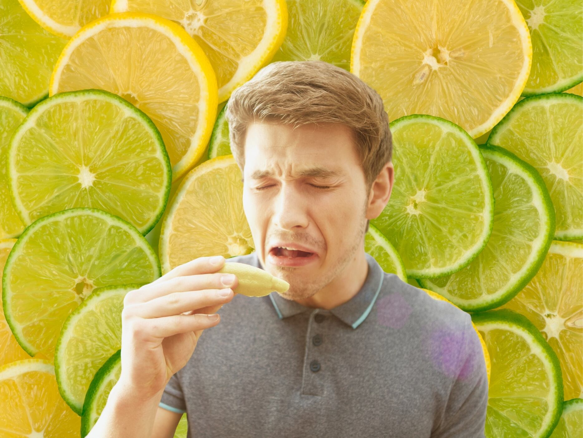 De fondo: Ilustración de rodajas de limón amarillo y verde. En frente de esta imagen, una persona haciendo gesto de disgusto por una comida que le sabe mal (Crédito: Getty Images)