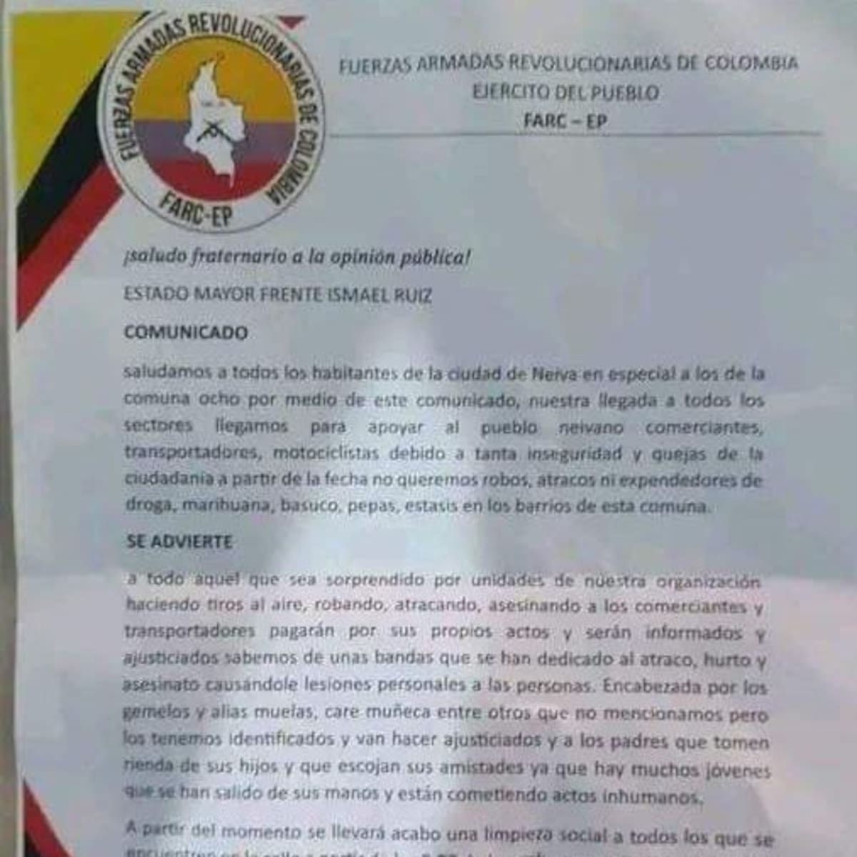 Autoridades en Neiva desmiente veracidad del panfleto que circula en la comuna ocho