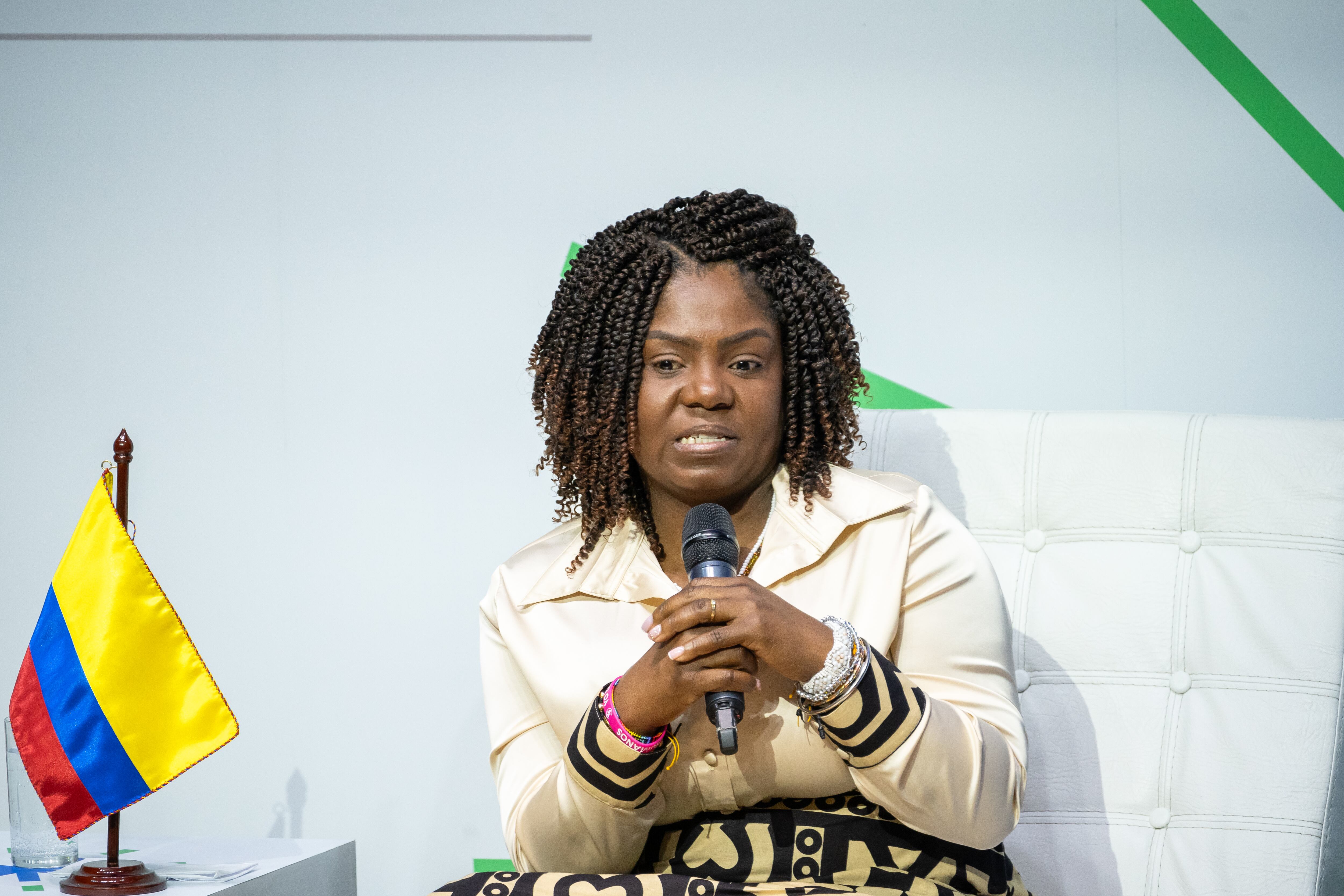 BOGOTA, COLOMBIA - AUGUST 15: Francia Marquez speaks onstage during a forum about digital responsibility at EAN University during a visit around Colombia on August 15, 2024 in Bogota, Colombia. (Photo by Diego Cuevas/Getty Images)